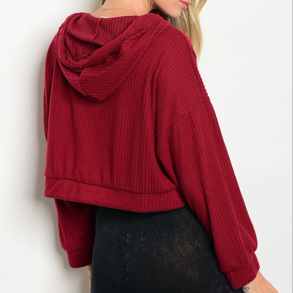 LAST Cropped Ribbed Burgundy Hoodie 03001 - Picture 2 of 2
